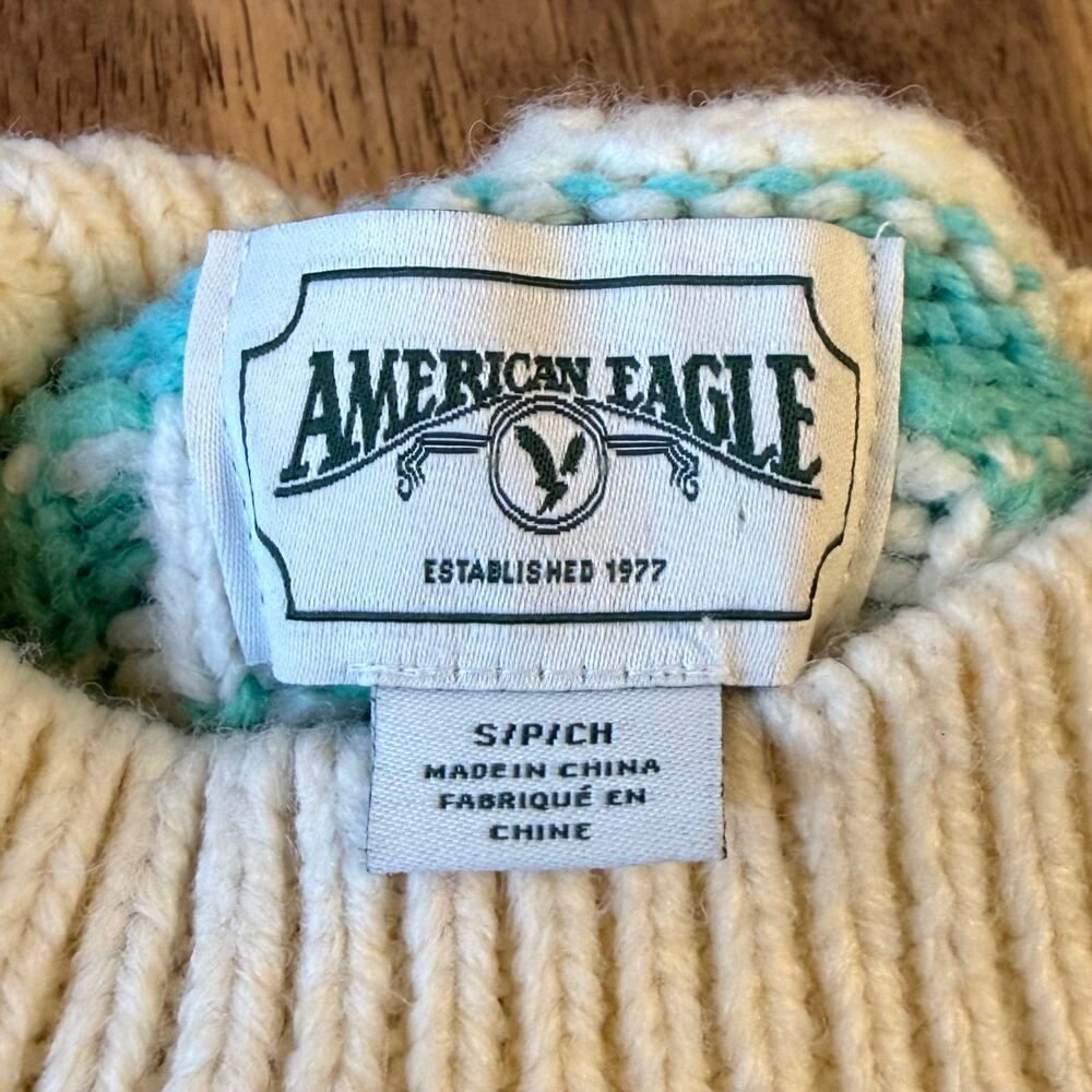American Eagle Sweater Fair Isle Mock Neck Oversized Heavy Cream Women’s Small - Picture 3 of 9